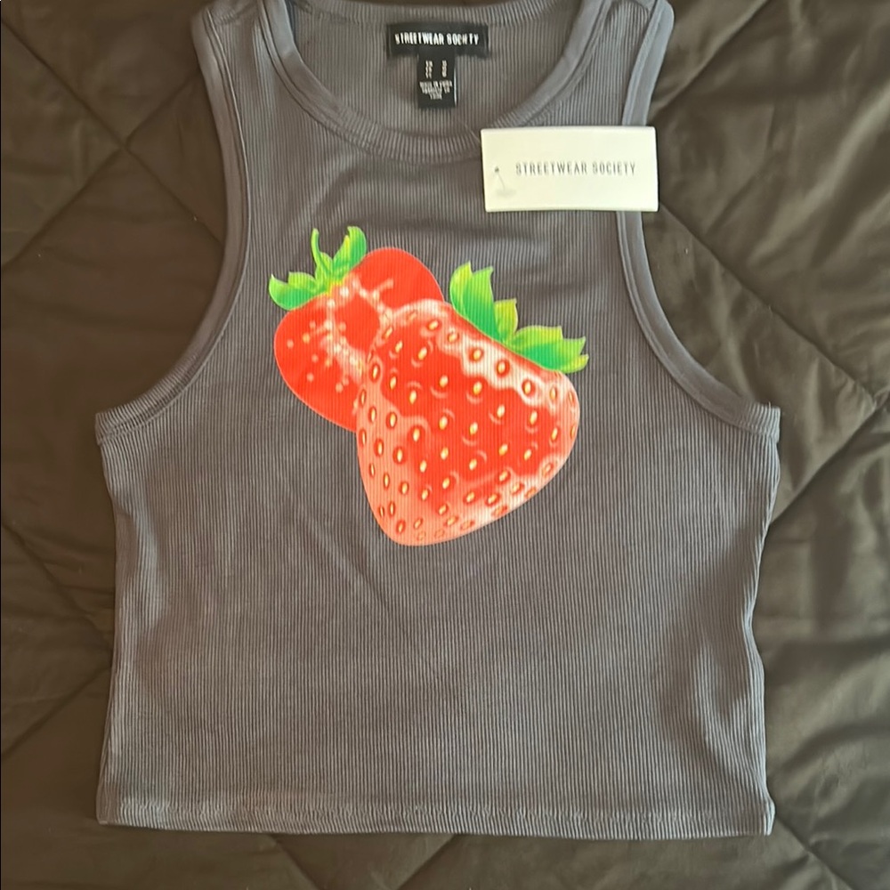 Streetwear Society Gray and Red Tank Top with Strawberry Graphic